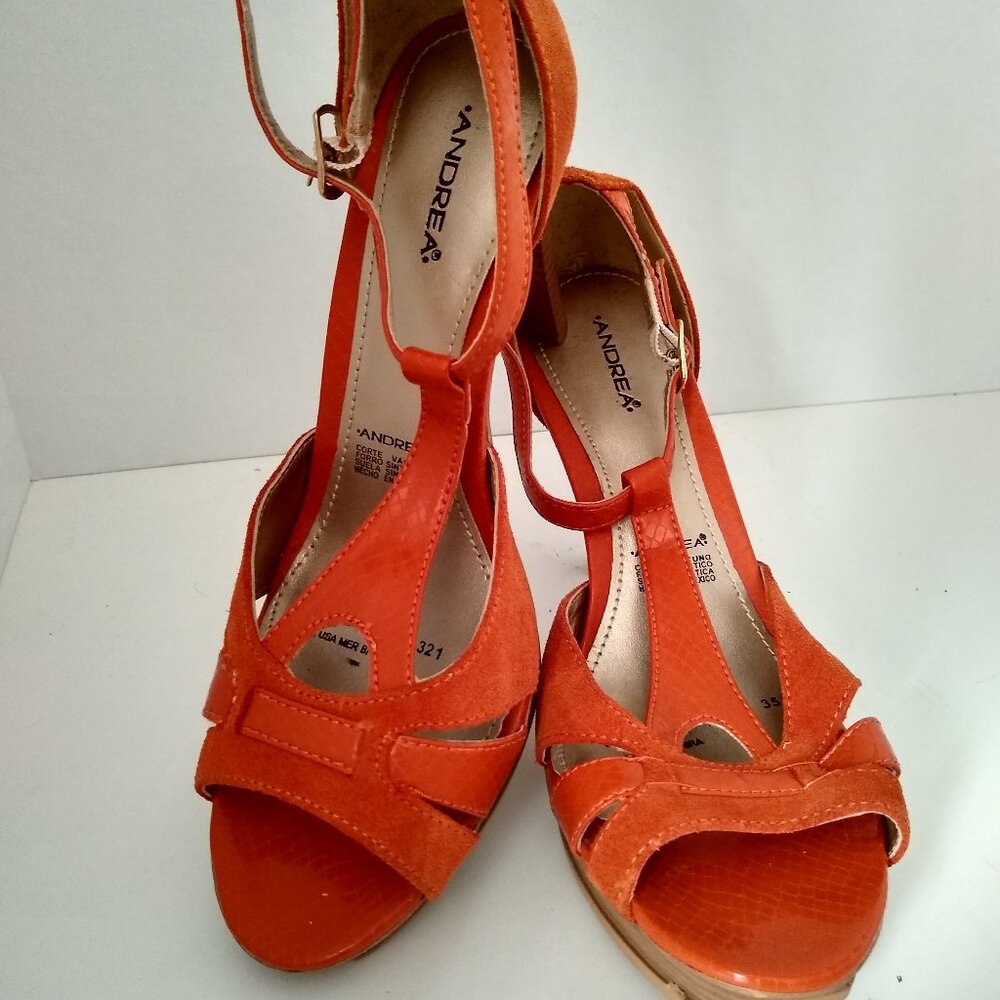 Andrea orange wooden platform toe strap peep toe heels
